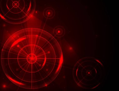 Parlak kırmızı radar, hedef, aralığı siyah arka plan üzerine çekim. Yaratıcı tasarım vektör şablonları için küresel ağ bağlantı teknolojisi.