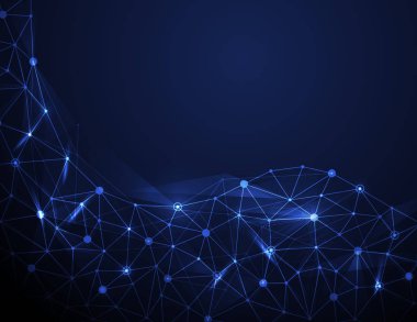 Koyu mavi zemin üzerine soyut fütüristik molekül. Yaratıcı tasarım vektör çizim dijital teknoloji kavramı.