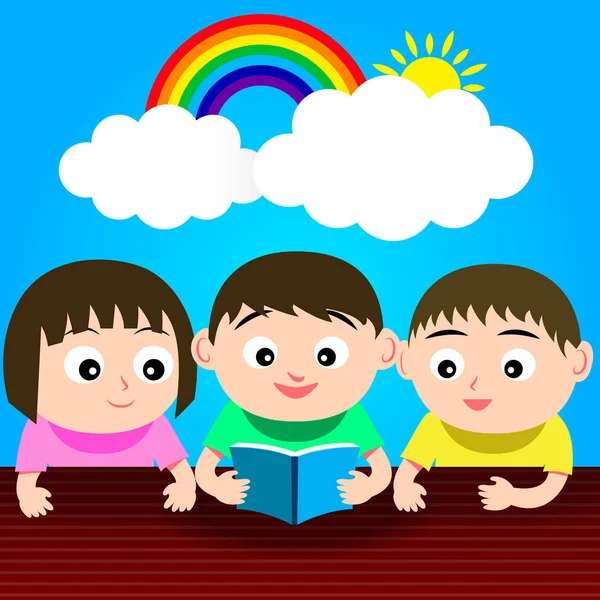 Kids Read Book with Smiley Face, Good Weather with Rainbow in Background