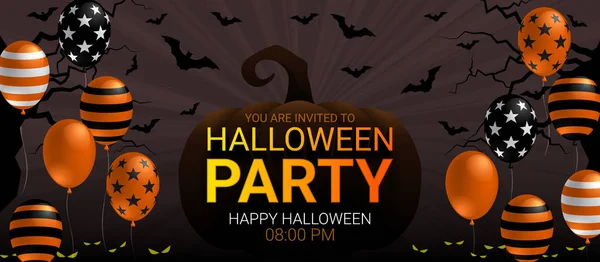 Halloween Party Meghívó Banner Sütőtök Ijesztő Léggömb Sötét Háttér Design — Stock Vector