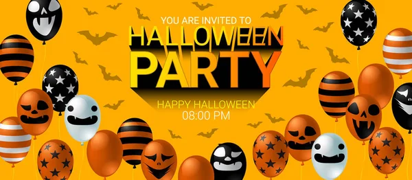 Halloween Party Banner Convite Com Balão Assustador Design Fundo Amarelo — Vetor de Stock