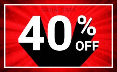 Satılık kapalı %40. Arka plan beyaz renk 3d metin ve kırmızı siyah gölge patladı. Özel teklif promosyon reklam kavramı vektör çizim indirim.