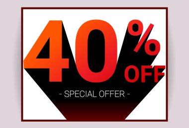 Satılık kapalı %40. Kırmızı renk 3d metin ve beyaz arka plan üzerinde siyah gölge. Özel teklif promosyon reklam kart kavramı vektör çizim indirim.