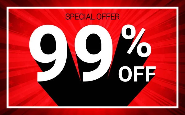 stock vector 99% OFF Sale. White color 3D text and black shadow on red burst background design. Discount special offer promo advertising concept vector illustration.