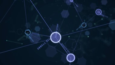 Soyut fütüristik altıgen, nokta daire ve çizgi ağ yapısı rasgele sayı mavi renk siyah arka plan ile. Bilgisayar ağ bağlantısı dijital teknoloji illüstrasyon kavramı.