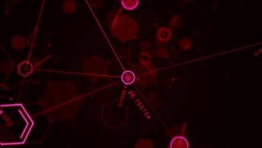 Soyut fütüristik altıgen, nokta daire ve çizgi ağ yapısı rasgele numara kırmızı renk siyah arka plan ile. Bilgisayar ağ bağlantısı dijital teknoloji illüstrasyon kavramı.