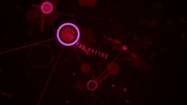 Soyut fütüristik altıgen, nokta daire ve çizgi ağ yapısı rasgele numara kırmızı renk siyah arka plan ile. Bilgisayar ağ bağlantısı dijital teknoloji illüstrasyon kavramı.