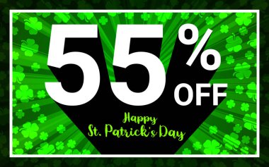 %55 off Satılık St.Patrick gününüz kutlu olsun. Beyaz renk 3d metin ve siyah gölge yeşil yoncaları on 4 Yaprak yonca arka plan tasarımı. Özel indirim sahil yolu kavramı vektör çizim indirim.