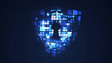 Soyut mavi cyber dijital teknoloji grafik arka plan. Internet Koruma güvenlik illüstrasyon kavramı. Kalkan bilgisayar virüs hacker saldırısı.