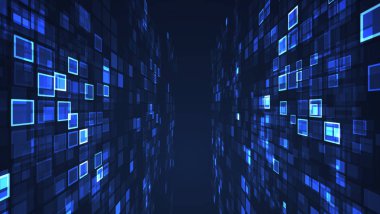 Dikdörtgen ızgara perspektif arka plan yanıp sönen mavi soyut grafik. Dijital teknoloji fütüristik illüstrasyon kavramı.