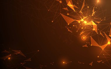 Fütüristik molekül çizgi ve çokgen alev ve altın rengi arka plan soyut. Bilgisayar ağ bağlantısı vektör çizim dijital teknoloji kavramı.