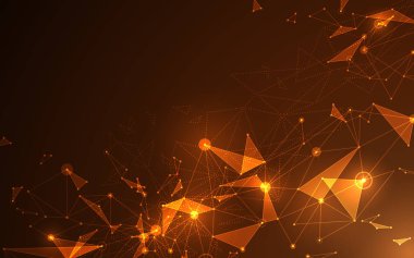 Fütüristik molekül çizgi ve çokgen alev ve altın rengi arka plan soyut. Bilgisayar ağ bağlantısı vektör çizim dijital teknoloji kavramı.