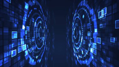 Soyut daire siber dijital teknoloji grafik illüstrasyon mavi renk. Internet fütüristik kavramı.