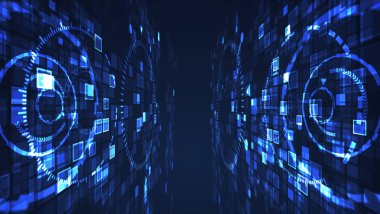 Soyut daire siber dijital teknoloji grafik illüstrasyon mavi renk. Internet fütüristik kavramı.