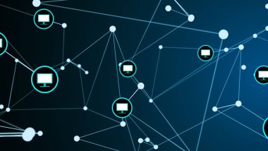 Bilgisayar ekran monitörbağlantı ağ yapısı grafik illüstrasyon siyah ve mavi renk. Soyut fütüristik dijital teknoloji konsepti.
