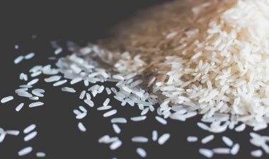 Siyah ahşap üzerinde beyaz pirinç kapatın