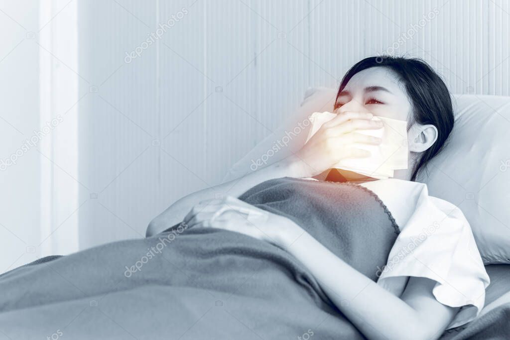 Asian women have stress. Due to coronavirus or covid 19 infection and recovering In a patient bed in a special patient room.