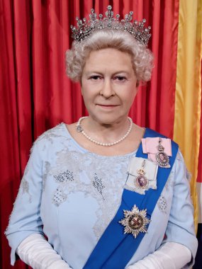 BLACKPOOL, JANUARY 14: Madame Tussauds, UK 2018. Wax figure of Elizabeth II - Elizabeth Alexandra Mary - Queen of the United Kingdom and the other Commonwealth realms. clipart