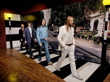 Blackpool, 14 Ocak: Madame Tussauds, İngiltere'de 2018. Beatles Liverpool'da 1960 yılında kurulan İngiliz rock grubu vardı. John Lennon, Paul Mccartney, George Harrison ve Ringo Starr üyeleri ile.