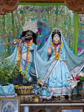 Paris, August 27: The main altar in the Hare Krishna temple called 'ISKCON Radha-Parisisvara', France 2018. Deities called 'Radha Krishna'