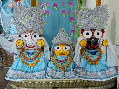 Paris, August 27: The main altar in the Hare Krishna temple called 'ISKCON Radha-Parisisvara', France 2018. Deities called 'Jagannatha Baladeva Subhadra'