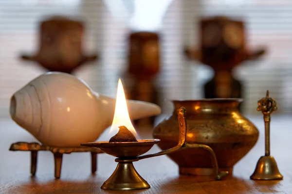 Brass set for religious offerings in Hindu tradition