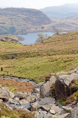 Snowdonia Milli Parkı, Galler dağlarında Cwmorthin Şelalesi iz üzerinde akan bir dere vadinin görünümü.