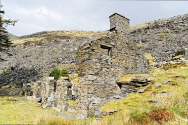 Snowdonia Milli Parkı dağlarında Cwmorthin Şelalesi iz üzerinde bir taş evin kalıntıları, Galler.