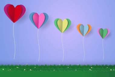 Çim, kağıt sanat tarzı üzerinde uçan renkli Kalp balonlar