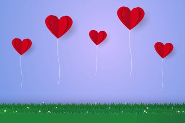 Çim, kağıt sanat tarzı üzerinde uçan kırmızı kalp balonlar