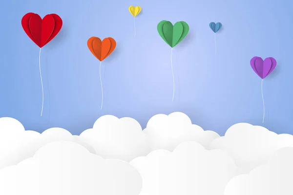 Colorful Heart Balloons Flying Cloud Paper Art Style — Stock Vector