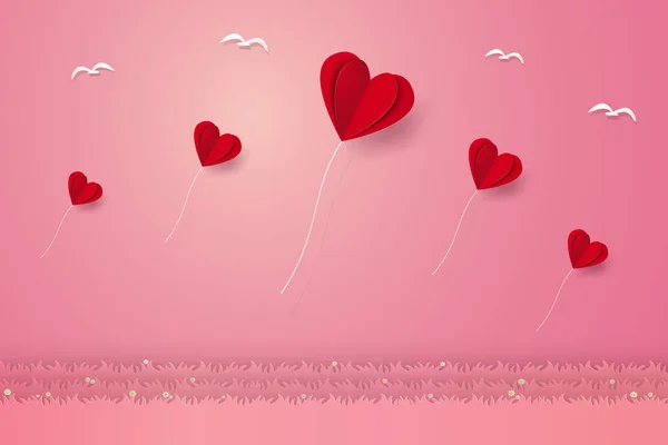 San Valentín Ilustración Del Amor Globos Corazón Volando Sobre Hierba — Vector de stock