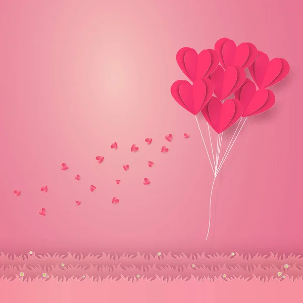 San Valentín Ilustración Del Amor Globos Corazón Volando Sobre Hierba — Vector de stock