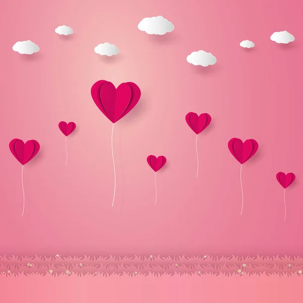 San Valentín Ilustración Del Amor Globos Corazón Volando Sobre Hierba — Vector de stock