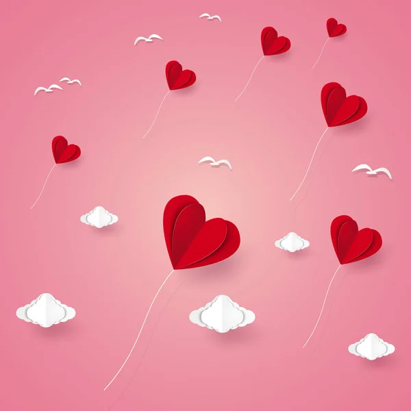 情人节 爱的例证 心气球和鸟儿飞过云层 纸艺风格 — 图库矢量图片