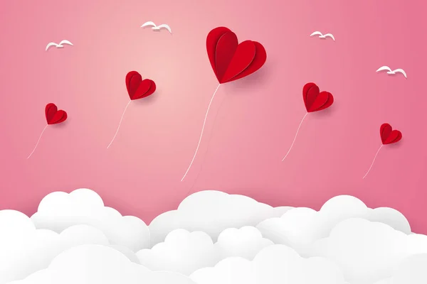 Globos Rojos Del Corazón Volando Sobre Hierba Estilo Del Arte — Vector de stock