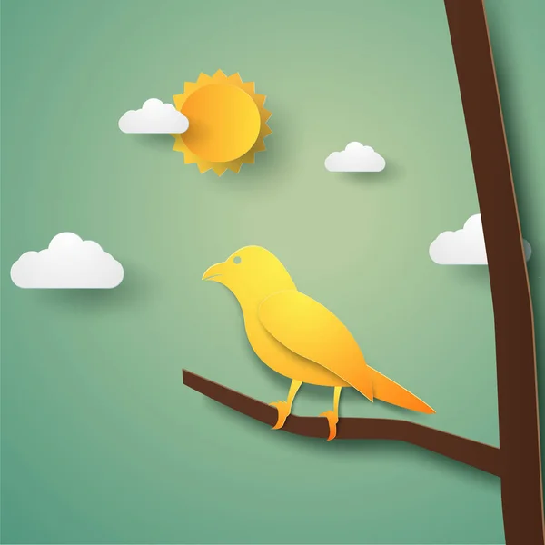 Bird Branch Paper Art Style — Stock Vector