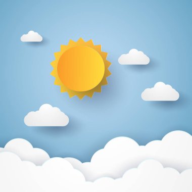 Bulutlar, bulutlar ve güneş ile mavi gökyüzü, kağıt sanat tarzı