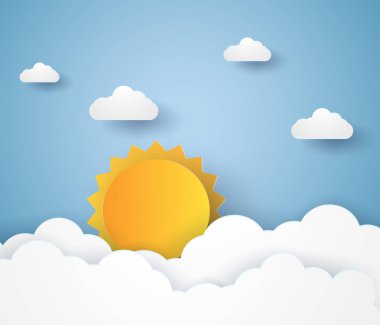 Bulutlar, bulutlar ve güneş ile mavi gökyüzü, kağıt sanat tarzı