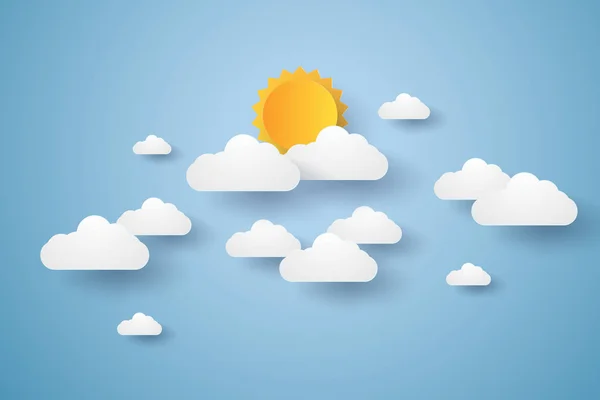 Wolkenlandschap Blauwe Lucht Met Wolken Zon Papieren Art Style — Stockvector