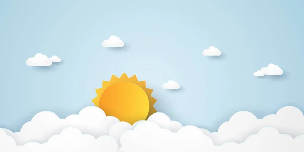 Wolkenlandschap Blauwe Lucht Met Wolken Zon Papieren Art Style — Stockvector