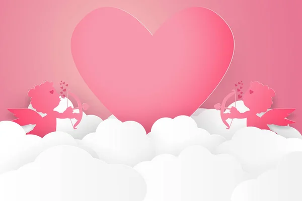 San Valentín Ilustración Del Amor Cupido Cielo Estilo Arte Papel — Vector de stock