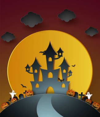 Castle, kabak, hayalet ve ay, kağıt sanat tarzı mezarlıkta Cadılar Bayramı