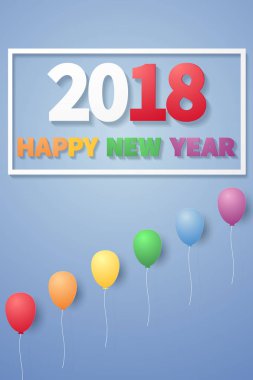 Mutlu yeni yıl 2018. Doku çerçeve içinde renkli balonlarla. Kağıt sanat tarzı