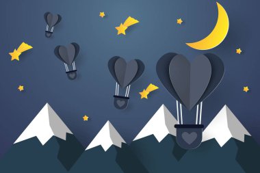 Sıcak hava balonları gece gökyüzü, ay, yıldız ve meteor, kağıt sanat tarzı dağ üzerinde uçan bir kalp şeklinde