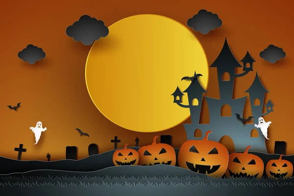 Halloween Castle Pumpkin Ghost Graveyard Moon Paper Art Style — стоковый вектор