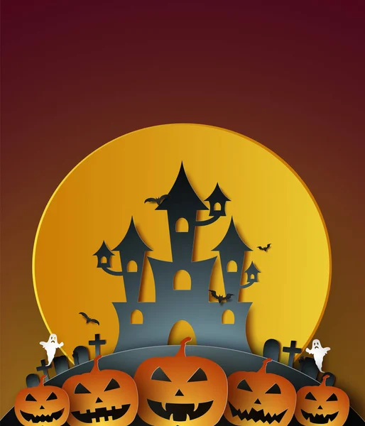 Halloween Con Castillo Calabaza Fantasma Cementerio Luna Estilo Arte Papel — Vector de stock