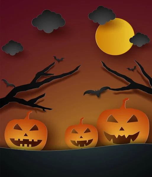 Halloween Con Calabaza Luna Estilo Arte Papel — Vector de stock