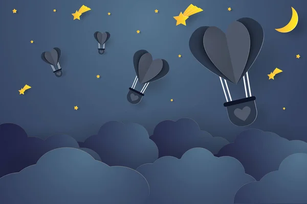 Varmluftsballonger Form Ett Hjärta Som Flyger Över Moln Natthimlen Papper — Stock vektor