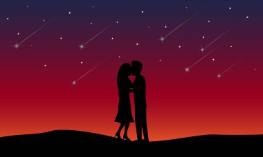 Meteor yağmuru arasında çift öpüşme sevgi dolu